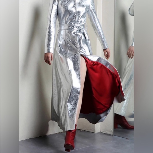 Silver Foxy Foil Trench with Inside Contrast Red Detailing, Belted - Picture 8 of 8